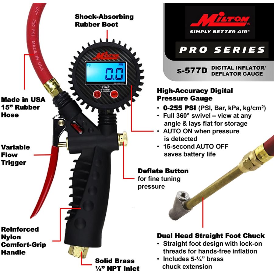 MILTON S577D PISTOL GRIP PRO DIGITAL TIRE INFLATOR / PRESSURE GAUGE